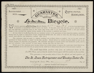 Certificate for the Lu-Mi-Mum Bicycle, The St. Louis Refrigerator and Wooden Gutter Co., St. Louis, Missouri, dated May 9, 1896