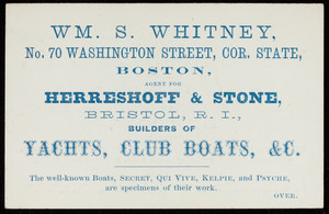 Business card for Wm. S. Whitney, insurance agent, No. 70 Washington Street, corner State, Boston, Mass., undated