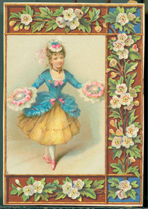 Christmas card, depicting a woman holding floral bouquets, undated
