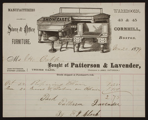 Billhead for Patterson & Lavender, store & office furniture, 43 & 45 Cornhill, Boston, Mass., dated March 25, 1874