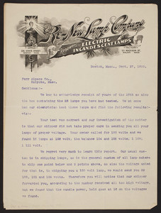 Letterhead for the Re-New Lamp Company, renewers of electric incandescent lamps, office, 126 State Street, Boston, Mass., dated September 27, 1899