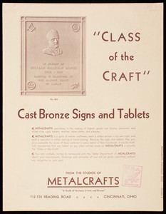 Class of the craft, cast bronze signs and tablets, from the studios of Metalcrafts, 715-720 Reading Road, Cincinnati, Ohio