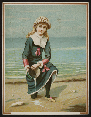 Trade card with a young girl kneeling on a beach, location unknown, undated