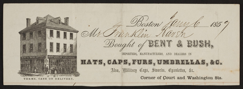 Billhead for Bent & Bush, hats, caps, furs, umbrellas, corner of Court and Washington Streets, Boston, Mass., dated January 6, 1859