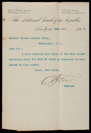 [Charles] H. Stout/National Bank of the Republic to Thomas Lincoln Casey, June 1, 1895