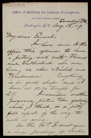 [Bernard] R. Green to Thomas Lincoln Casey, August 18, 1889