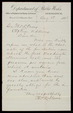 [Thomas] L. Moore To Thomas Lincoln Casey, August 28, 1888