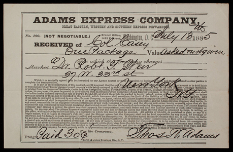 Adams Express Company to Thomas Lincoln Casey, July 13, 1885