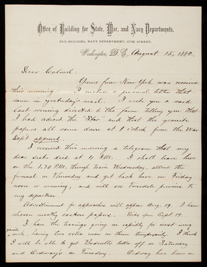 Bernard R. Green to Thomas Lincoln Casey, August 15, 1882