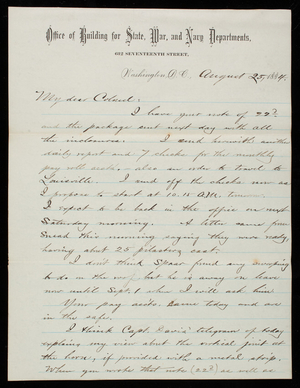 Bernard R. Green to Thomas Lincoln Casey, August 25, 1884