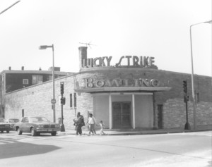 Exterior view of the Lucky Strike Bowling Alley, 289 Adams St., corner of Park St. Dorchester, Mass.