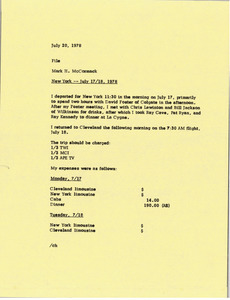 Memorandum from Mark H. McCormack concerning his trip to New York from July 17th to 18th, 1978.