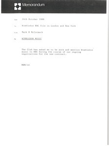 Memorandum from Mark H. McCormack to Wimbledon NBC file