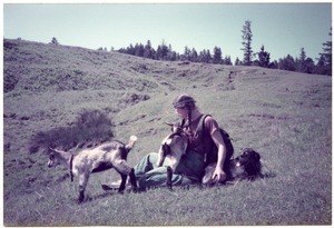 Sandi Sommer on an Easter walk with dog and goats