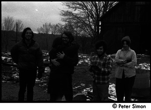 Saying goodbye at Packer Corners commune. L. to r.: Marty Jezer, Verandah Porche (back to camera), Michael Gies, unidentified woman, Rico (Richard Wizansky)