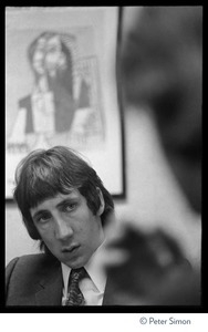 Pete Townshend, head cocked to the camera, during an interview