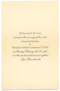 Marriage announcement from William H. McCarty to Letitia Crane