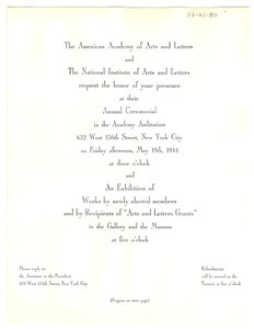 Invitation from National Institute of Arts and Letters to W. E. B. Du Bois