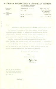 Letter from Weymouth Kindergarten & Secondary Institute to W. E. B. Du Bois