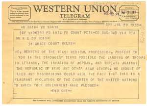 Telegram from members of the Iraqi medical profession to W. E. B. Du Bois