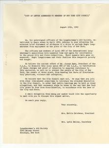 Letter from Longshoremen's Aid Society to members of New York City Council