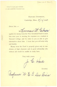 Letter from Harvard University to W. E. B. Du Bois