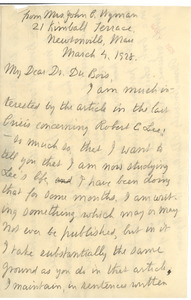 Letter from Lillie Buffman Chace Wyman to W. E. B. Du Bois