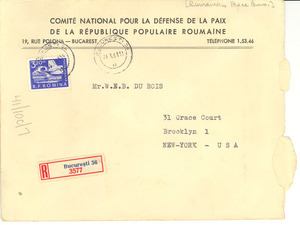 Letter and envelope from Romanian Peace Committee to W. E. B. Du Bois