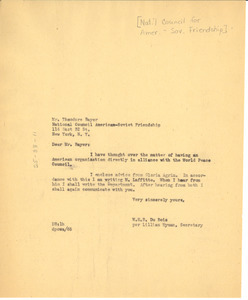 Letter from Lillian Hyman to National Council of American-Soviet Friendship