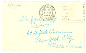 Postcard from Idabelle Yeiser to the editor of The Crisis
