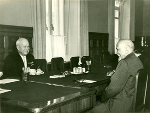 W. E. B. Du Bois and Nikita Khrushchev at conference in the Kremlin