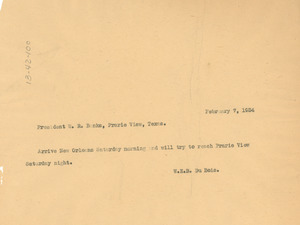 Telegram from W. E. B. Du Bois to Prairie View State College