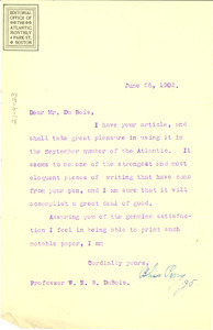 Letter from the editorial office of Atlantic Monthly to W. E. B. Du Bois
