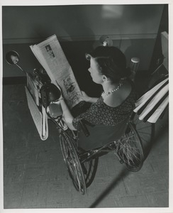 Woman in specially equipped wheelchair