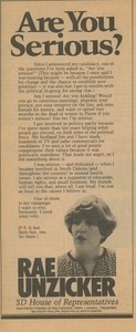 Newspaper clipping promoting Rae Unzicker's candidacy