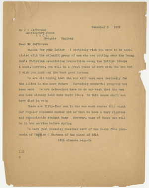 Letter from Laurence L. Doggett to John W. Jefferson (December 3, 1917)