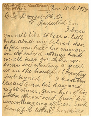 Letter from the Mother of Charles C. Hartman to Laurence L. Doggett (January 18, 1918)