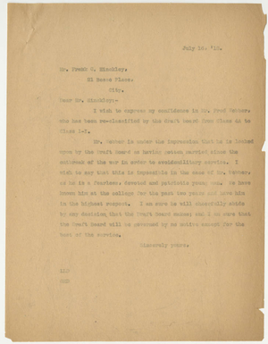 Letter from Laurence L. Doggett to Frank C. Hinckley, (July 16, 1918)