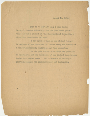 Letter of recommendation from Laurence L. Doggett for Lewis J. Stewart (August 16, 1918)