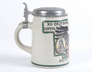 A Stoneware 1/2 liter stein commemorating 1913 Leipzig Turnfest, signed by Franz Ringer