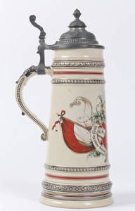 Pottery stein with Turner holding a dumbbell behind a shield.