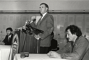 Mayor Raymond L. Flynn with homeless advocate Mitch Snyder and an unidentified man