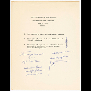 Agenda for Citizens Advisory Committee Relocation Housing Subcommittee meeting on June 4, 1964