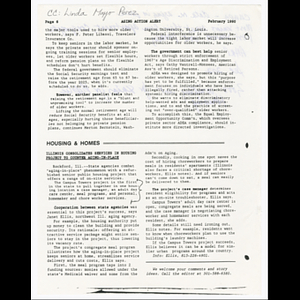 Page 6 of Age Action Alert, February 1990 with information about senior public housing project in Illinois with notes
