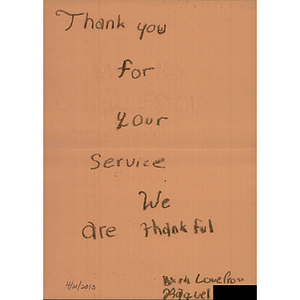 Card to Boston from Crystal Cathedral Sunday School (Garden Grove, California)