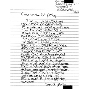 Letter to the city of Boston from a student at Jasper Junior High School (Jasper, Texas)