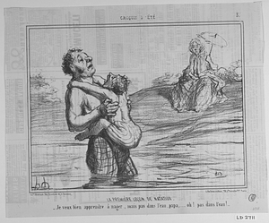 La premiére leçon de natation. - Je veux bien apprendre à nager, mais pas dans l'eau, papa..... oh! pas dans l'eau!...