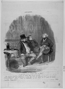 La QUESTION RUSSE TRAITÉE DANS UN DIVAN. - Oui, monsieur Coquardeau, l'ambition du Colosse Russe devient insatiable..... ce n'est point assez pour lui d'avoir naguères fait sauter le Pont-Euxin et d'avoir brisé toutes les échelles du Levant, voici qu'aujourd'hui ce même Colosse s'apprête à enlever les Dardanelles... je suis d'avis de ne point le souffrir monsieur Coquardeau!