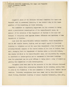 Statement by the Citizens National Committee for Sacco and Vanzetti, August 14, 1927