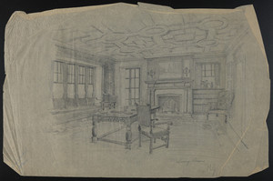 Discarded rendering of the living room in the house of Francis H. Dewey, Worcester, Mass., undated